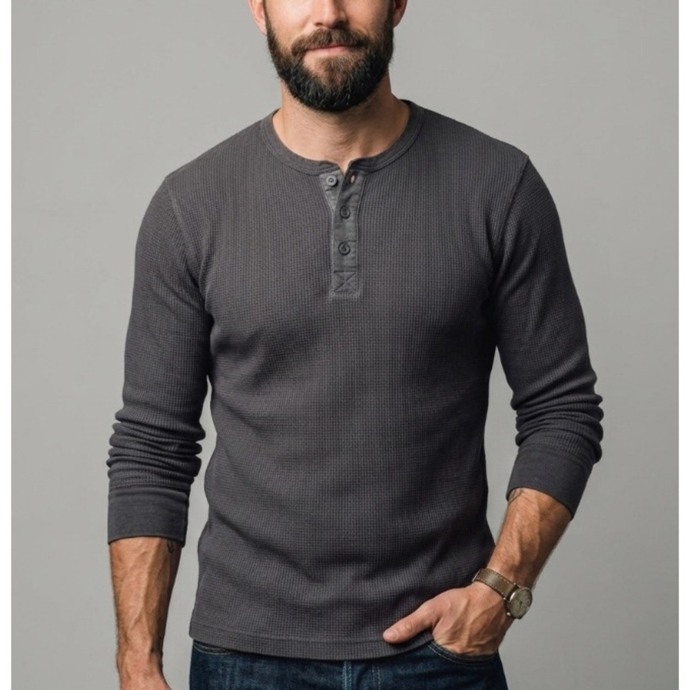 WRK Mens Charcoal Gray Waffle Knit Henley Shirt Long Sleeve Cotton Size Medium